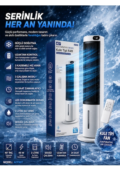 Sessiz Kule Tipi Hava Soğutucu 40 İnç 70w 3l Su Tanklı Led Dokunmatik Ekranlı Vantilatör Fan
