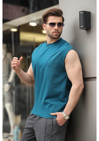 Madmext Petrol Mavisi Kolsuz %100 Pamuklu Basic Erkek T-shirt E7137 Petrol Mavisi