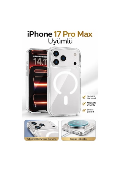 Apple iPhone 17 Pro Max Uyumlu Kamera Korumalı Magsafe Wireless Şarj Özellikli Lüks Şeffaf Silikon Telefon Kılıfı Resimdeki