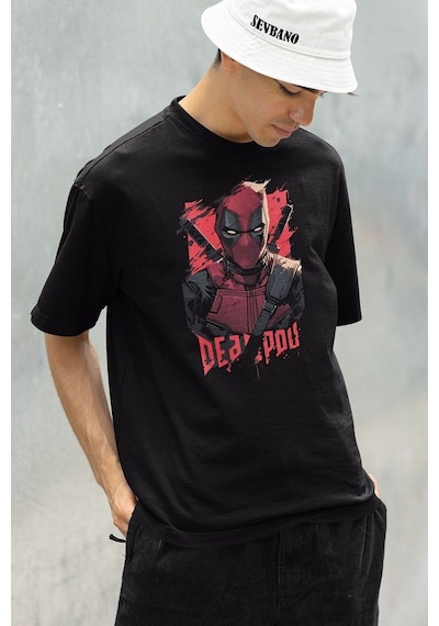 Özel Tasarım Deadpool Karakter Baskılı Unisex Oversize Tişört Siyah