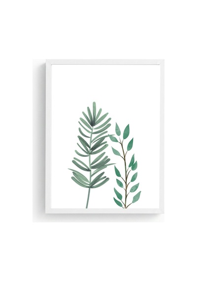Beyaz Ahşap Çerçeveli Minimal Yaprak Desenli Tablo - Yeşil Tonlar Huhu1642