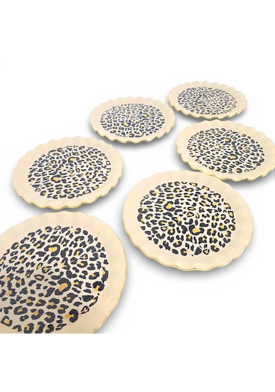 Sudedi Home Leopar Desenli Krem Zemin 21 Cm 6 Lı Pasta Tabağı Seti Gerçek Altın Yaldızlı Lüks Sunum Çok Renkli
