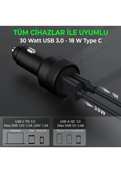 Usb Type C Araç Şarj Cihazı Siyah Renk- 2 Port, Hızlı Şarj 30w Çakmaklık Adaptörü