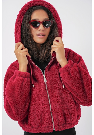 Bigdart 5193 Kapüşonlu Peluş Crop Ceket - Bordo