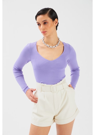 Sateen V Yaka Triko Crop - Lila-131507 Lila