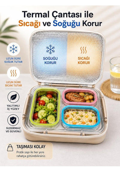 Valkyrie 3 Gözlü Paslanmaz Çelik Lunch Box Termal Taşıma Çantalı, Sızdırmaz Contalı 304 Çelik Bölmeli Yemek Kabı Çok Renkli