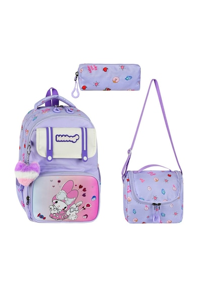 My Melody Baskılı Ortopedik Su Geçirmez Okul Çantası Termal Beslenme Ve Kalemlik Seti Mor