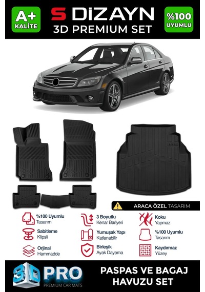 S-dizayn Mercedes C Serisi W204 3d Pro Havuzlu Paspas Ve Bagaj Havuzu Seti 2'li Set 2007-2014 A+ K