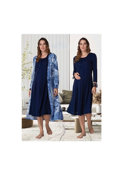 Lohusa Homewear Kadın Lacivert Desenli Uzun Kollu Pamuklu Hamile Lohusa Sabahlık Gecelik 2'li Set Lacivert