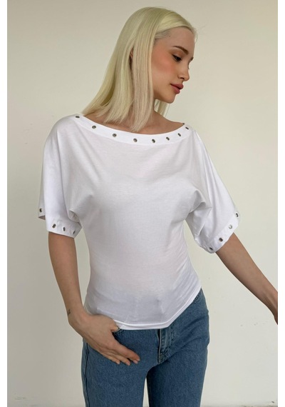 Madmext Beyaz Off Shoulder Metal Detaylı Kadın Bluz Mg2671 Beyaz
