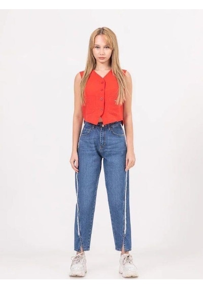Zekids Kız Çocuk Ara Püsküllü Denim Mom Jean Pantolon-13787-mavi Mavi