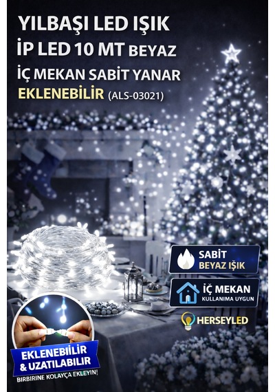 Yılbaşı Led Işık İp Led 10 Mt Beyaz İç Mekan Sabit Yanar Eklenebilir Beyaz