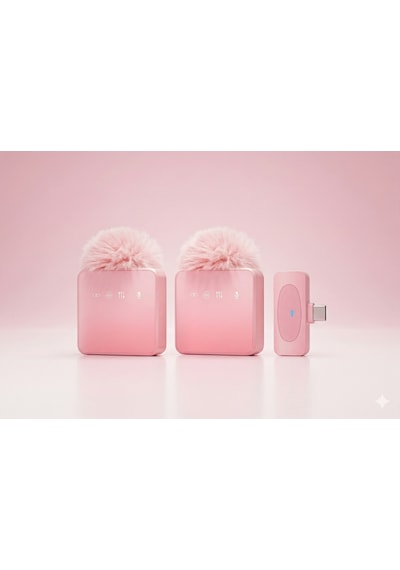 Puffmic Pembe Tüylü Kablosuz 2'li Yaka Mikrofonu Type-c Lighting Uyumlu Canlı Yayın Mikrofonu