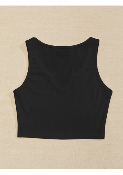 Liona V Yaka Siyah Renk Fitilli Crop Top Bluz Siyah