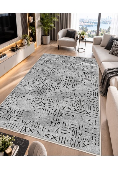 Gri Dijital Baskı Halı Kaymaz Tabanlı Yıkanabilir Halı Yolluk Salon Halısı1649