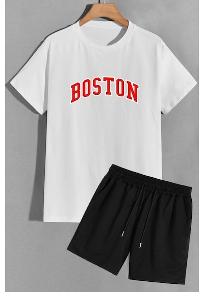 Uyguntarz Boston Şort T-shirt Unisex Eşofman Takımı Beyaz