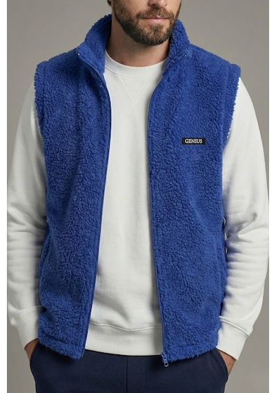Genius Store Genıus Store Erkek Yelek İçi Şardonlu Sherpa Peluş Yelek Tam Fermuarlı Cepli Kuzu Outdoor Yelek İndigo