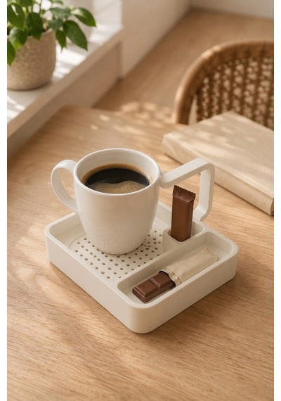 Kahve Sunum Tepsisi Çok Bölmeli Masa Üstü Organizer Kupa Fincan Standı Pla 12.5x11x7 Cm Beyaz