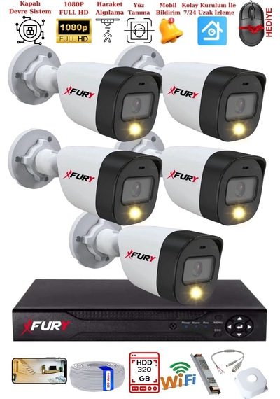 Fury 5 Kameralı 5mp Lens 2 Mp Görüntü Gece Renkli Full Hd Ultra Led Akıllı Güvenlik Kamerası Seti 320gb