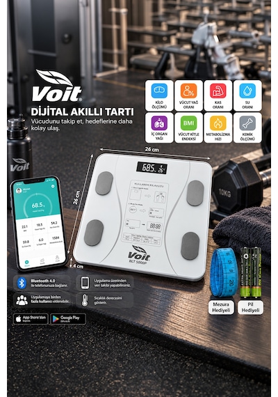 Voit Blt5000 Bluetooth Baskül - Dijital Akıllı Tartı - Yağ Ölçer Tartı - Pil Ve Mezura Hediyeli Tartı - Beyaz
