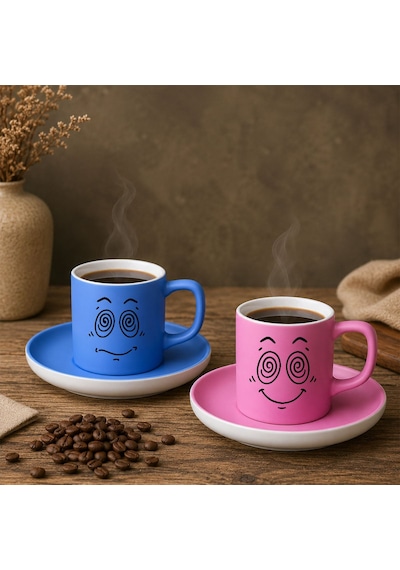 Bk Gift 2'li Mavi Ve Pembe Renkli Emoji Yüz Tasarımlı Seramik Türk Kahvesi Fincanı Takımı-1 Çok Renkli