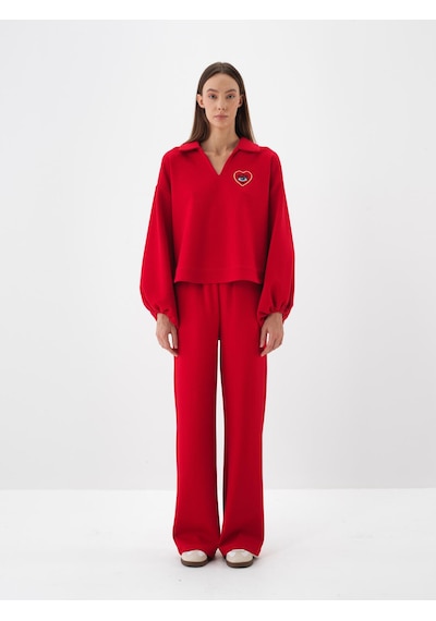 Xint Kırmızı Pamuk Dokulu Oversize Sweat Pantolon 470452