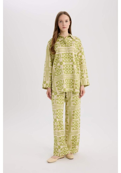 DeFacto Wide Leg Desenli Esnek Belli Keten Karışımlı Geniş Paça Pantolon D8188AX25SPGN698