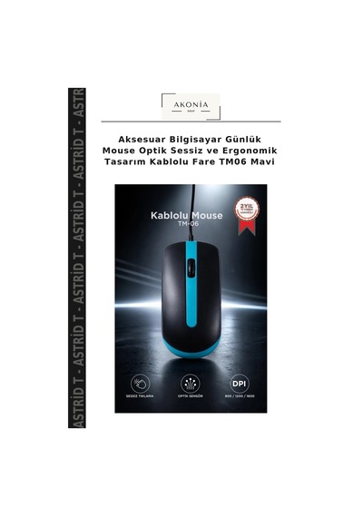 Aksesuar Bilgisayar Günlük Mouse Optik Sessiz Ve Ergonomik Tasarım Kablolu Fare Tm06 Mavi