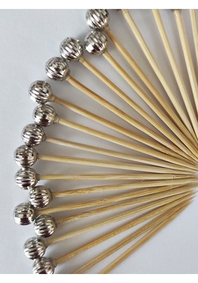 100 Adet Dekoratif Gümüş Çizgili İnci Boncuklu Pasta Kürdanı 6,5 Cm - Boncuk 8 Mm