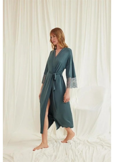 Ang Butik Kadın Dantelli Ve Kuşaklı Sabahlık Takımı Yeşil