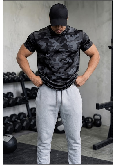 Serablanka Erkek Nem Emici Hızlı Kuruma Atletik Teknik Kamuflaj Desenli Spor T-shirt Siyah
