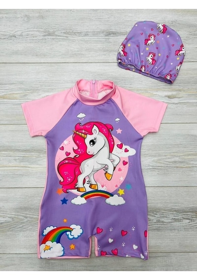 My Kids Wear Kız Çocuk Tam Vücut Sırt Fermuarlı Mayo Sevimli Desen Baskılı Boneli Takım Mor