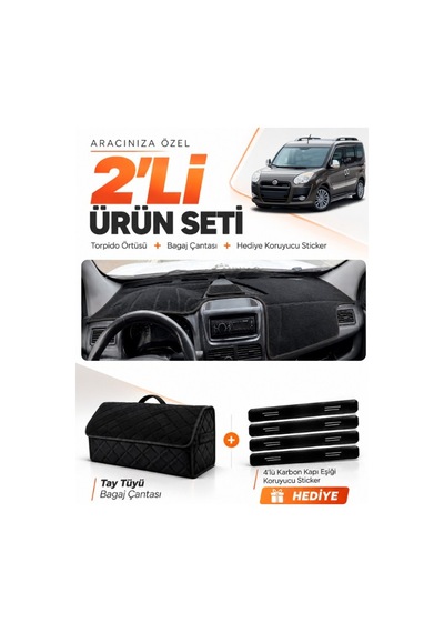 Fıat Doblo 2013-2015 Kapaklı Uyumlu Torpido Örtüsü + Tay Tüyü Bagaj Çantası + Sticker Seti - Siyah