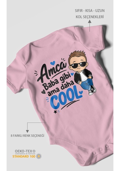 Morivokids Amca Temalı Kısa Kollu Bebek Body %100 Pamuk Koyu Pembe