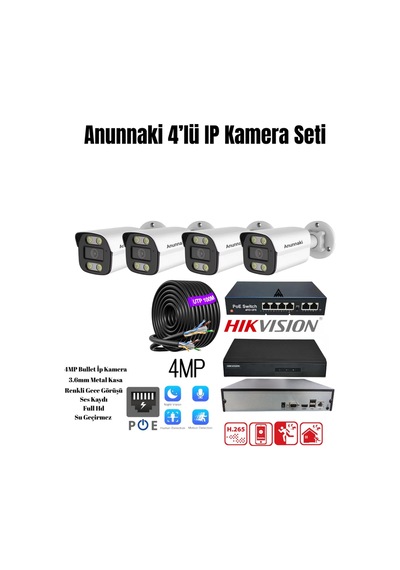 4 Kameralı 4mp Sesli Kayıtlı 4'lü Gece Görüşlü İç Dış Mekan Ip Kamera Seti Tak Çalıştır