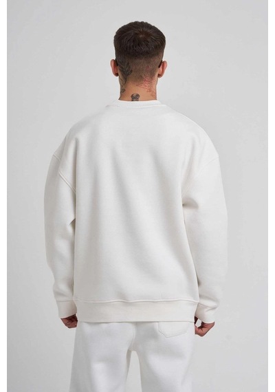 Barlashive Erkek Bisikilet Yaka 3 Plik Pamuklu Sweatshirt - Beyaz Çok Renkli