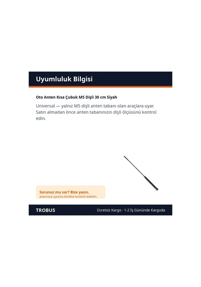 Trobus Oto Anten Kısa Çubuk M5 Dişli 30 Cm Siyah
