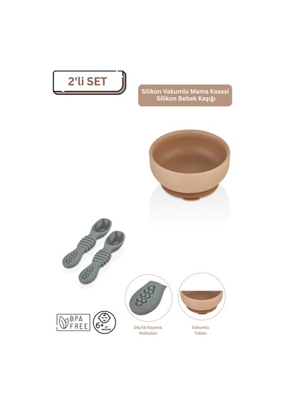 2'li Silikon Bebek Beslenme Seti / Mama Kasesi / Mama Kaşığı - Moka Mocca