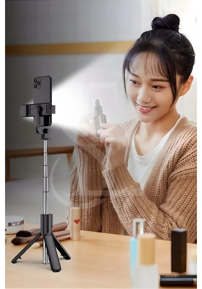 Led Işıklı Selfie Çubuğu Bluetooth Kumandalı Kablosuz Tripot Selfie Monopod Selfie Stick Siyah Lisinya