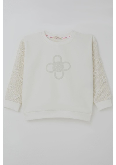 Breeze Kız Çocuk Sweatshirt Kolları Çiçek Aplike İşlemeli File Detaylı 5-10 Yaş, Ekru Ekru