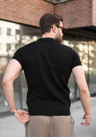Madmext Siyah Delikli Polo Yaka Erkek Triko Tişört E7495