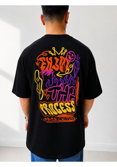525 Oversize Sırt Baskılı Streetwear Unisex T-shirt Enjoytheprocess Siyah