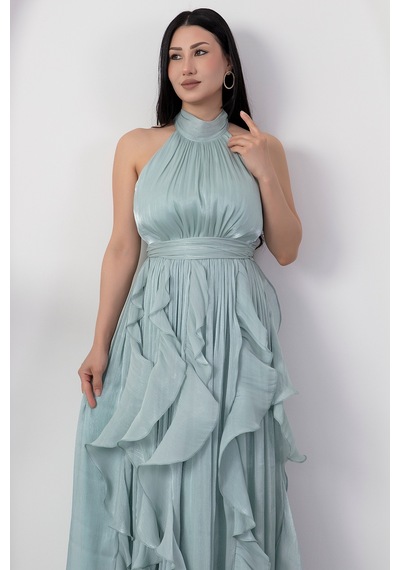 Kalopya Halter Yaka Eteği Fırfırlı Saten Elbise Eli6073 Mint