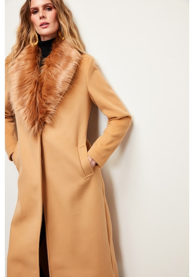 Sateen Yaka Kürklü Uzun Kaban - Camel-133693 Camel