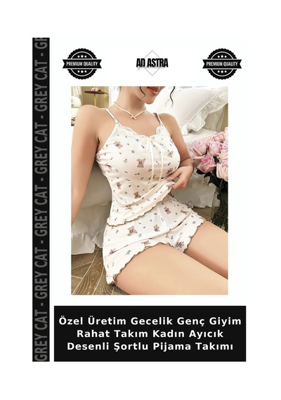 Grey Cat Özel Üretim Gecelik Genç Giyim Rahat Takım Kadın Ayıcık Desenli Şortlu Pijama Takımı