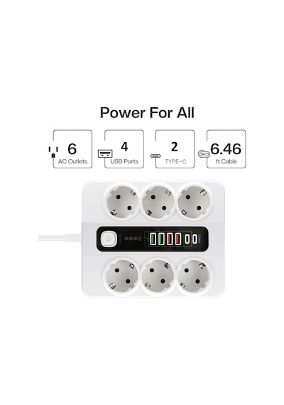 Hp-h04 Termal Akım Korumalı 3000w 3.6 Amper 6 Lı Priz 2 Metre Uzatma Kablosu Çoklu Priz 4 Usb 2 Type C Pd Girişli H Standart
