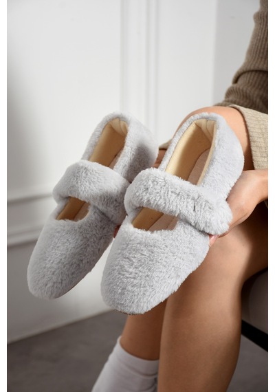 Nmoda Ultra Yumuşak Peluş Kadın Ev Babeti Ses Yapmaz Hafif Taban Panduf Gri