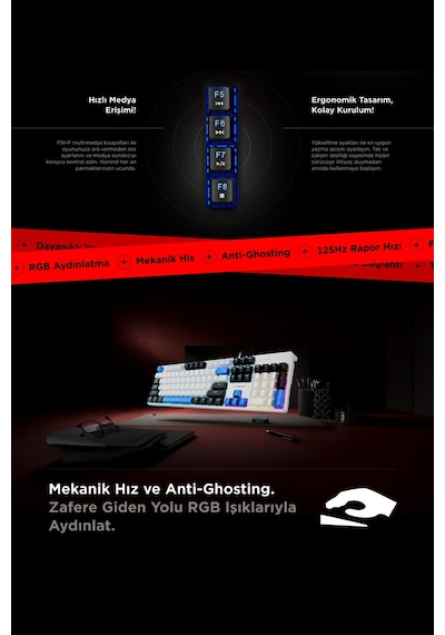 Nimbus Mekanik Klavye Beyaz Usb Rainbow Türkçe Red Switch 26 Tuş Anti-ghosting Oyuncu Klavyesi