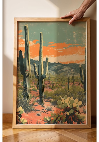 Saguaro Kaktüsü Ve Çöl Bitkileri Çerçeveli Tablo - Pop Art Poster Tablo
