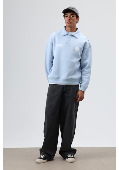 Vamos Polo Yaka Oversize Baskılı Yıkamalı Sweatshirt Bebe Mavi